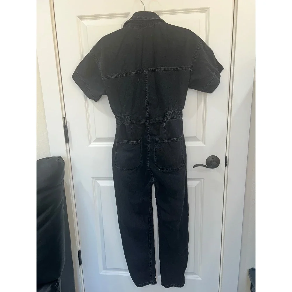 Free People Marci Denim Coveralls  Short Sleeve Faded Black Jumpsuit Size XS